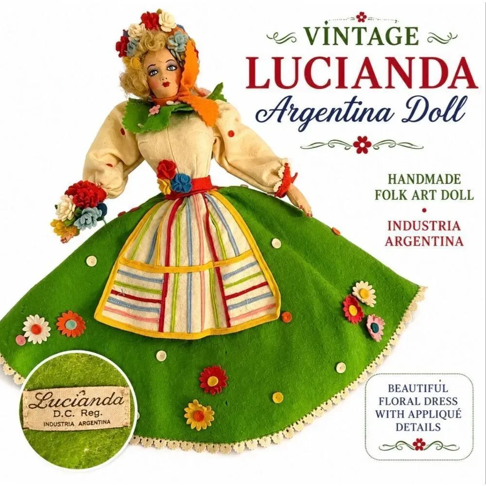 Vintage Lucianda Argentina Folk Art Doll Floral Felt Dress Handmade Souvenir